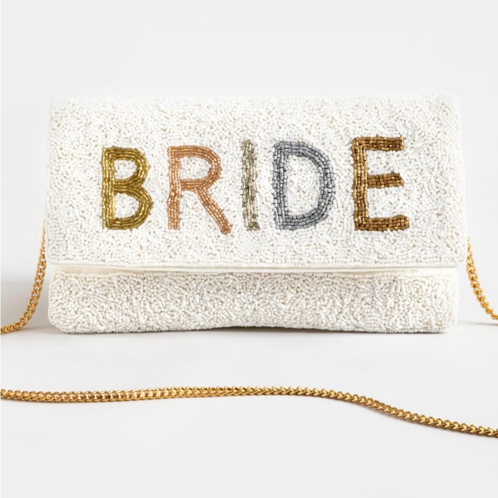Francesca’s NWOT white beaded ‘BRIDE’ clutch